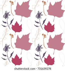 Floral vector seamless pattern with wild flowers, platan or maple and ivy leaves and twigs with berries. Pastel autumn colors on white background.