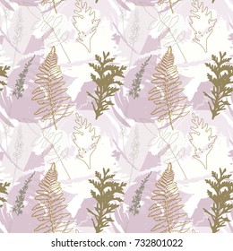 Floral vector seamless pattern with wild flowers, fern leaves , evergreen pine tree branches and abstract paint shapes. Brush strokes  in pastel colors as a background.
