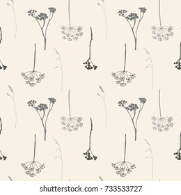 Floral vector seamless pattern with wild dill or fennel flowers, grasses and twigs.