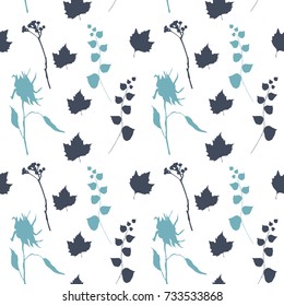 Floral vector seamless pattern with wild flowers, platan or maple and ivy leaves and twigs with berries. Pastel autumn colors on white background.