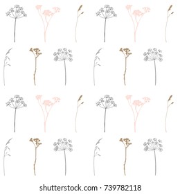 Floral vector seamless pattern with wild dill or fennel flowers, grasses and twigs. Grey, pink and dark gold color plants on white background.