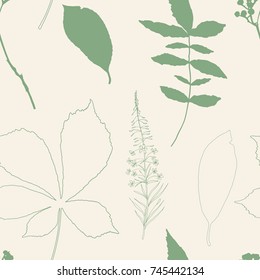 Floral vector seamless pattern with wild flowers, chestnut tree leaves, leaves and dry grass branches.
