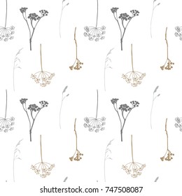 Floral vector seamless pattern with wild dill or fennel flowers, grasses and twigs.