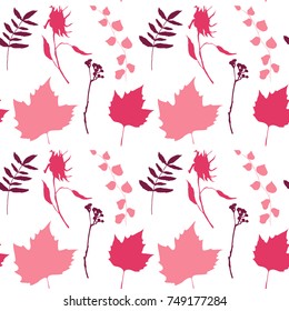 Floral vector seamless pattern with wild flowers, platan or maple and ivy leaves and twigs with berries. Pastel autumn colors on white background.