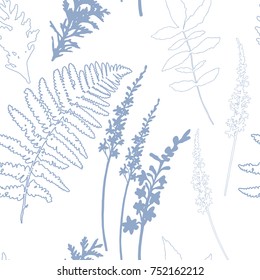 Floral vector seamless pattern with wild flowers, fern leaves and evergreen pine tree branches.