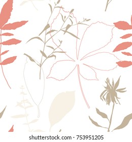 Floral vector seamless pattern with wild flowers, chestnut tree leaves and herbs. 

