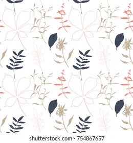 Floral vector seamless pattern with wild flowers, chestnut tree leaves and herbs. 
Pastel colors plants on white background.
