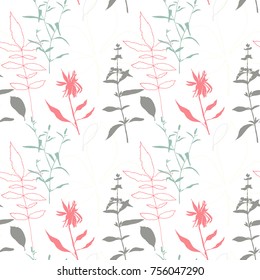 Floral vector seamless pattern with wild flowers, chestnut tree leaves and herbs. 
Pastel colors plants on white background.
