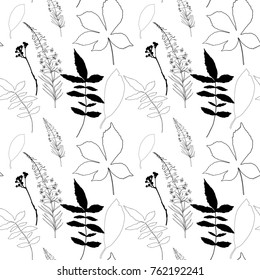 Floral vector seamless pattern with wild flowers, chestnut tree leaves, leaves and dry grass branches.
