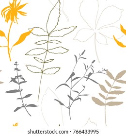 Floral vector seamless pattern with wild flowers, chestnut tree leaves and herbs. 
Pastel colors plants on white background.
