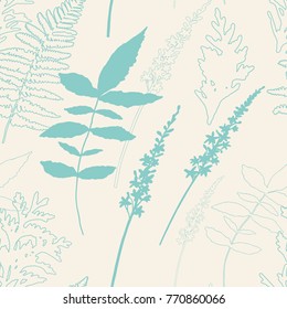 Floral vector seamless pattern with wild flowers, fern leaves and evergreen pine tree branches.