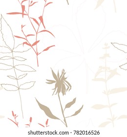 Floral vector seamless pattern with wild flowers, chestnut tree leaves and herbs.