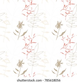 Floral vector seamless pattern with wild flowers, chestnut tree leaves and herbs. 
Pastel colors plants on white background.
