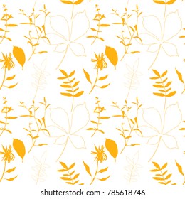 Floral vector seamless pattern with wild flowers, chestnut tree leaves and herbs.

