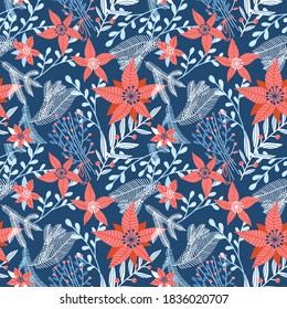 Floral vector seamless pattern with winter foliage in blue and red for Christmas backgrounds, wrapping paper. Poinsettia flower with different forst branches and berries. Flat hand drawn illustration