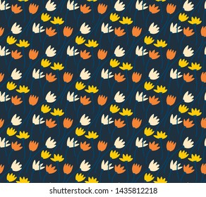 Floral vector seamless pattern. Yellow, white and orange flowers on blue background. The elegant the template for fashion prints. Ditsy print. Seamless vector texture. Spring bouquet.
