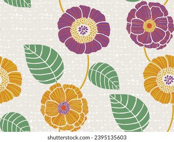 Floral vector seamless pattern with yellow and violet daisy graphic flowers. For textile, design, book and diary covers, wallpapers, print, gift packaging and scrapbook