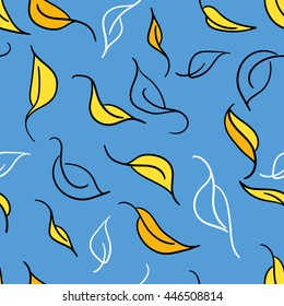 Floral vector seamless pattern with yellow graphic leaves on blue background