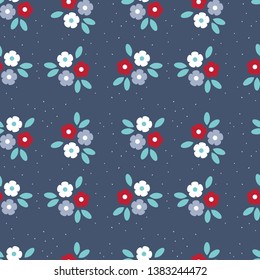 Floral vector seamless patterns, country style pattern, blue background white flowers