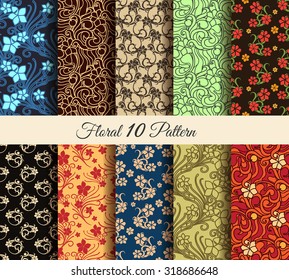 Floral vector seamless patterns set. Ten colorful flower effortless wall papers. No gradients used.
