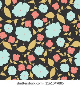 floral vector seamless repeat pattern in blue coral and mustard yellow on dark gray background