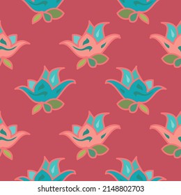 floral vector seamless repeat pattern with beautiful lily style flowers in pink and blue on a red background