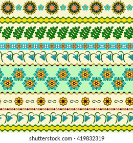 Floral vector seamless striped texture with flowers and leaves. Background with a pattern of flowers placed in the bands. Vector image.