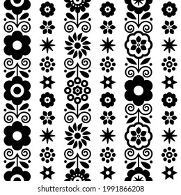 Floral vector seamless textile or fabric print pattern in black and white. Inspired by folk art from Nowy Sacz, Poland. 
Traditional cute spring decoration with flowers and leaves, Polish embroidery 
