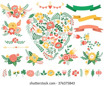 Floral vector set with beautiful red and yellow flowers.
