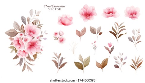 Floral vector set. Botanic arrangements & individual elements of pale sakura flowers, leaf, branch. Illustration for wedding, greeting card, or logo composition vector