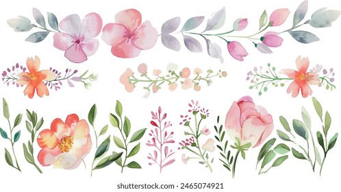  Conjunto de Vector floral, arreglos botánicos, Elementos individuales de flores de rosa de melocotón, hoja, rama, para boda, tarjeta de felicitación o Vector de composición de logotipo