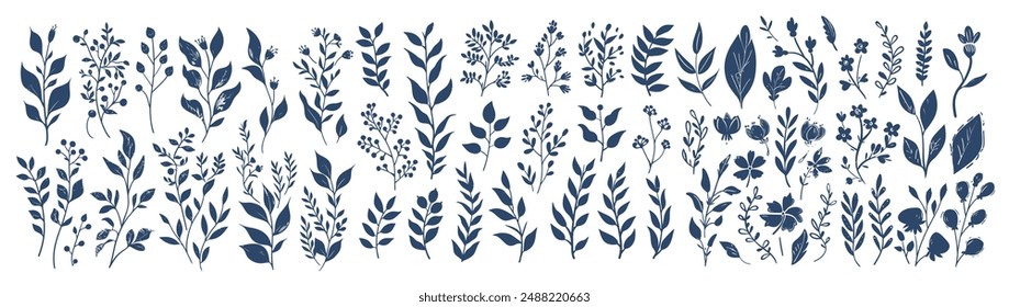 Floral Vector Set, Botanical Illustration. Isolated Vector Blue Outline Leaves and Flowers with Grunge Texture, Symbolizing Nature, and Design Elements for Creative Projects
