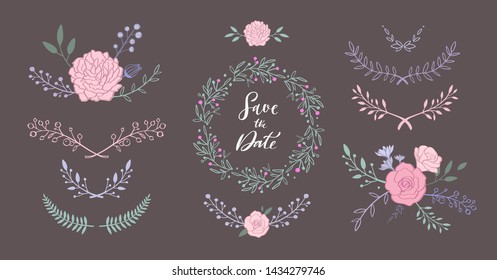 Floral vector set with bouquet  with rose, peony, anemone, sakura, wild flowers. Hand drawn rustic  isolated frames, borders, wreath . Save the date