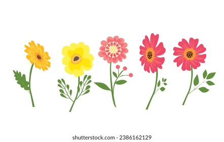 Floral vector set with colorful wildflowers. Spring flower collection. Flat flower set. Flower bloom. Flat vector in cartoon style isolated on white background,