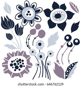 Floral vector set with doodle style abstract flowers and leaves. Collection of hand drawn sketch style flowers. Spring summer set with plants. Garden. Botany illustration