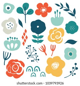 Floral vector set with flat doodle style abstract flowers and leaves. Collection of hand drawn sketch style flowers