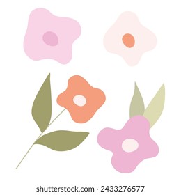 Floral Vector Set with Flat Doodle Style Abstract Flowers and Leaves. Botany Hand drawn sketch Collection. Vector Cartoon Elements Illustration Isolated on white for Card, Design, Poster. Sticker.