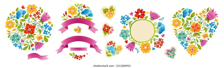 Conjunto vectorial floral con decoraciones florales. Bordes, marcos, cintas, gran corazón floral, flor, viñetas. Elementos de verano para saludos. Decoración floral para invitaciones, tarjetas. Patrón de flor