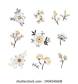 Floral Vector Set. Flowers and Leaves. Simple Flower Bouquets. Outline Wildflowers
