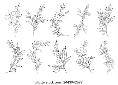 Floral vector set of greenery arrangements and bouquets, hand drawn wedding branches, herbs, minimalist botanical line art illustration, elegant compositions for invitation and save the date card