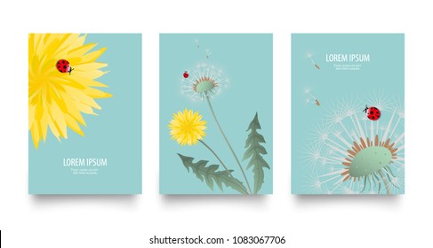 Floral vector set of posters, cards with dandelion. Vintage retro templates for flyers, invitation design. Spring or summer bright background with yellow flower, seed head and cute ladybug on blue.