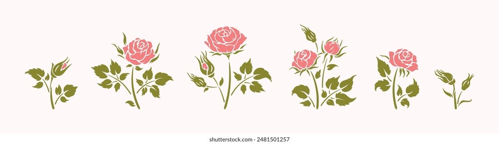 Floral Vector Set. Rose silhouettes with leaves and buds. Flower Stencil. Pink Green Color.