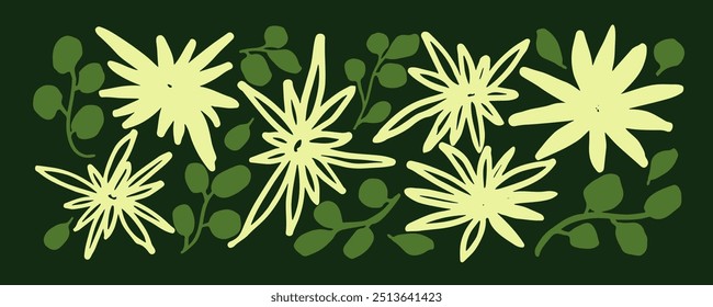 Blumenvektorset mit Silhouetten Blume in Stil Sterne. Farbiges handgezeichnetes botanisches Motiv. Bunte botanische Sammlung mit einfachen Pflanzen.