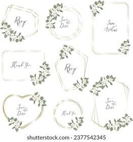 Floral Vector Set. White magnolia, sakura, branches with flowers and leaves. Different gold frames 