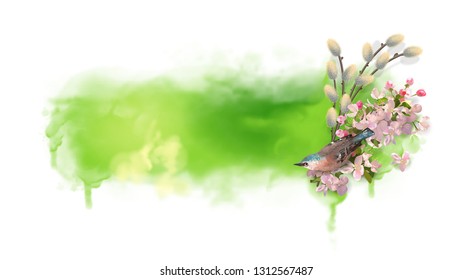 Floral vector springtime background. Abstract watercolor splash with a bird, willow branches and spring flowers