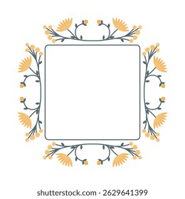 Floral vector square frame with yellow flowers and berries on white background. Perfect for spring and summer backgrounds, greeting cards.