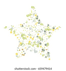 Floral vector star symbol made of little cute flowers, leaves, branches on white background. Light simple natural random confetti print. Banners, poster, cards, scrapbooking,birthday, t-shirt.Logo.