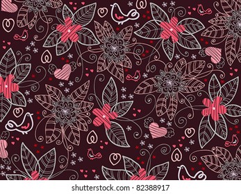 Floral vector summer background with cartoon birds.