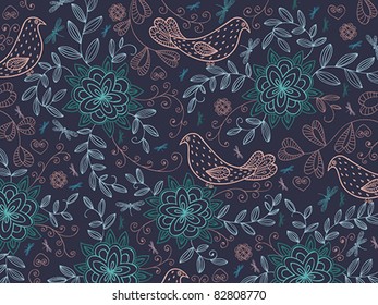 Floral vector summer background with cartoon birds.