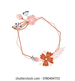 Floral Vector summer geometric polygon frame with floral bouquet and spring flower illustration. Kids scandinavian hand drawn style for anniversary, birthday, invitation with place for text. Pastel